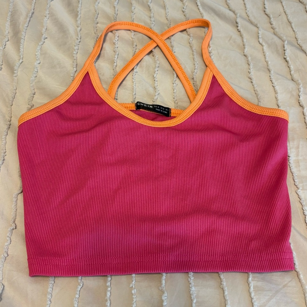 Vibrant, pink and orange cropped cross back shirt